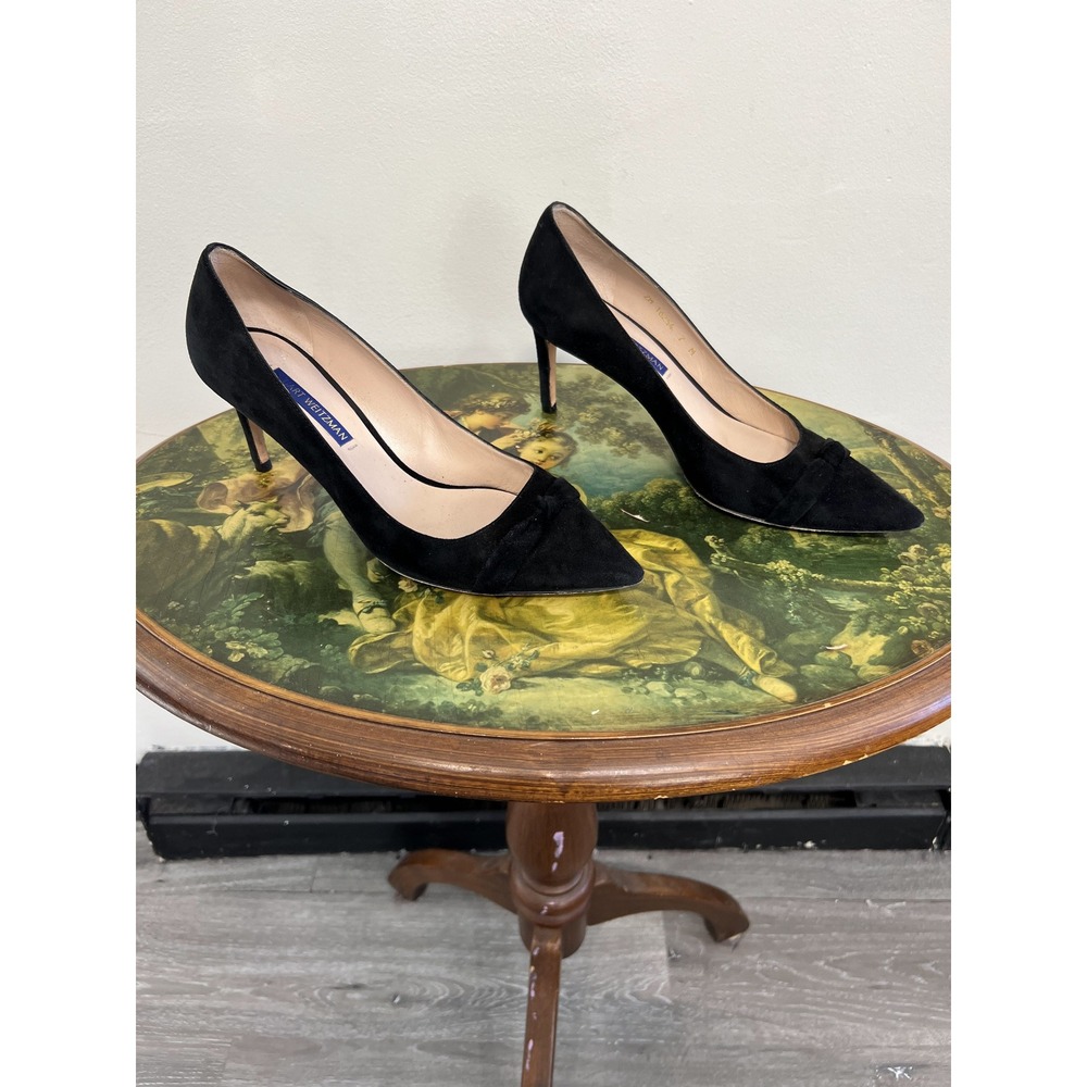 Stuart Weitzman Black Suede Bow Pointed Toe Stiletto Heels Pumps Size 7